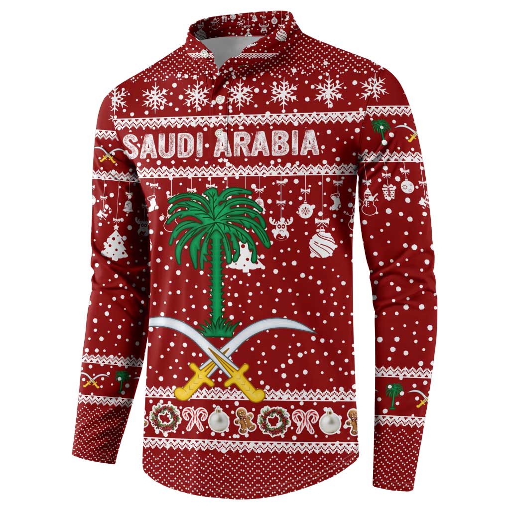 Saudi Arabia Christmas Button Sweatshirt with Red Festive Pattern, National Emblem with Palm and Swords, and Map Motif - Wonder Print Shop