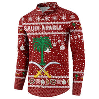 Saudi Arabia Christmas Button Sweatshirt with Red Festive Pattern, National Emblem with Palm and Swords, and Map Motif - Wonder Print Shop