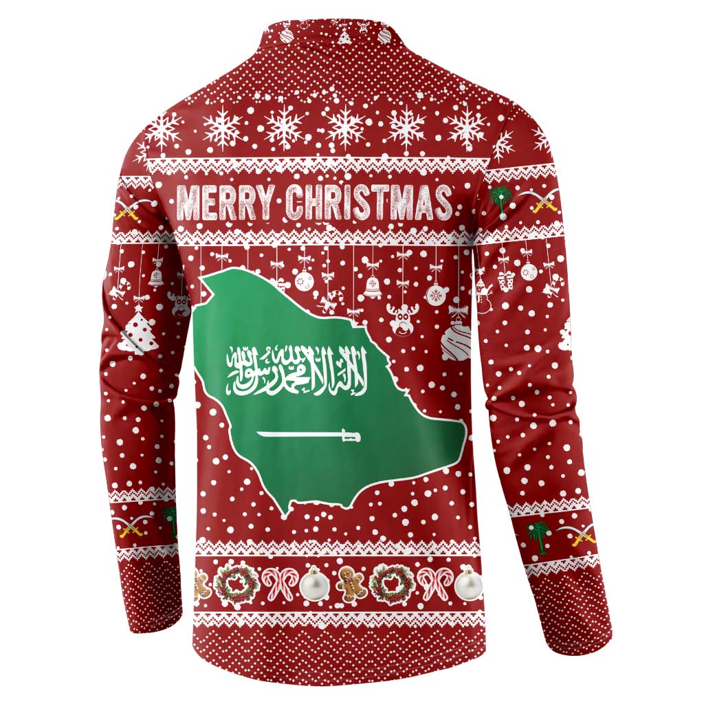 Saudi Arabia Christmas Button Sweatshirt with Red Festive Pattern, National Emblem with Palm and Swords, and Map Motif - Wonder Print Shop