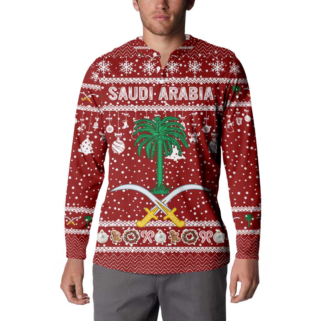 Saudi Arabia Christmas Button Sweatshirt with Red Festive Pattern, National Emblem with Palm and Swords, and Map Motif - Wonder Print Shop