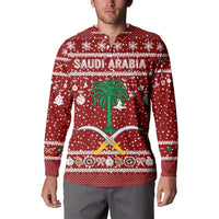Saudi Arabia Christmas Button Sweatshirt with Red Festive Pattern, National Emblem with Palm and Swords, and Map Motif - Wonder Print Shop