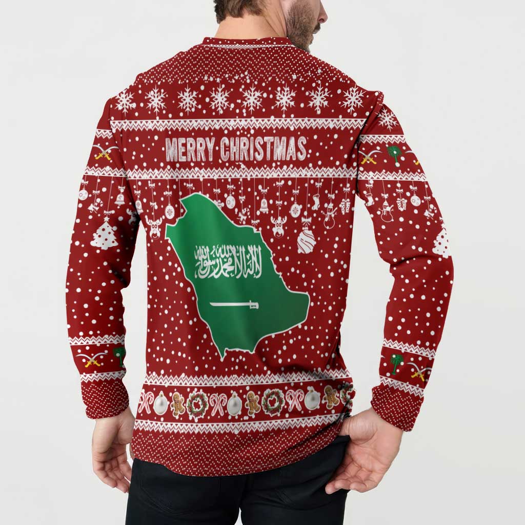 Saudi Arabia Christmas Button Sweatshirt with Red Festive Pattern, National Emblem with Palm and Swords, and Map Motif - Wonder Print Shop