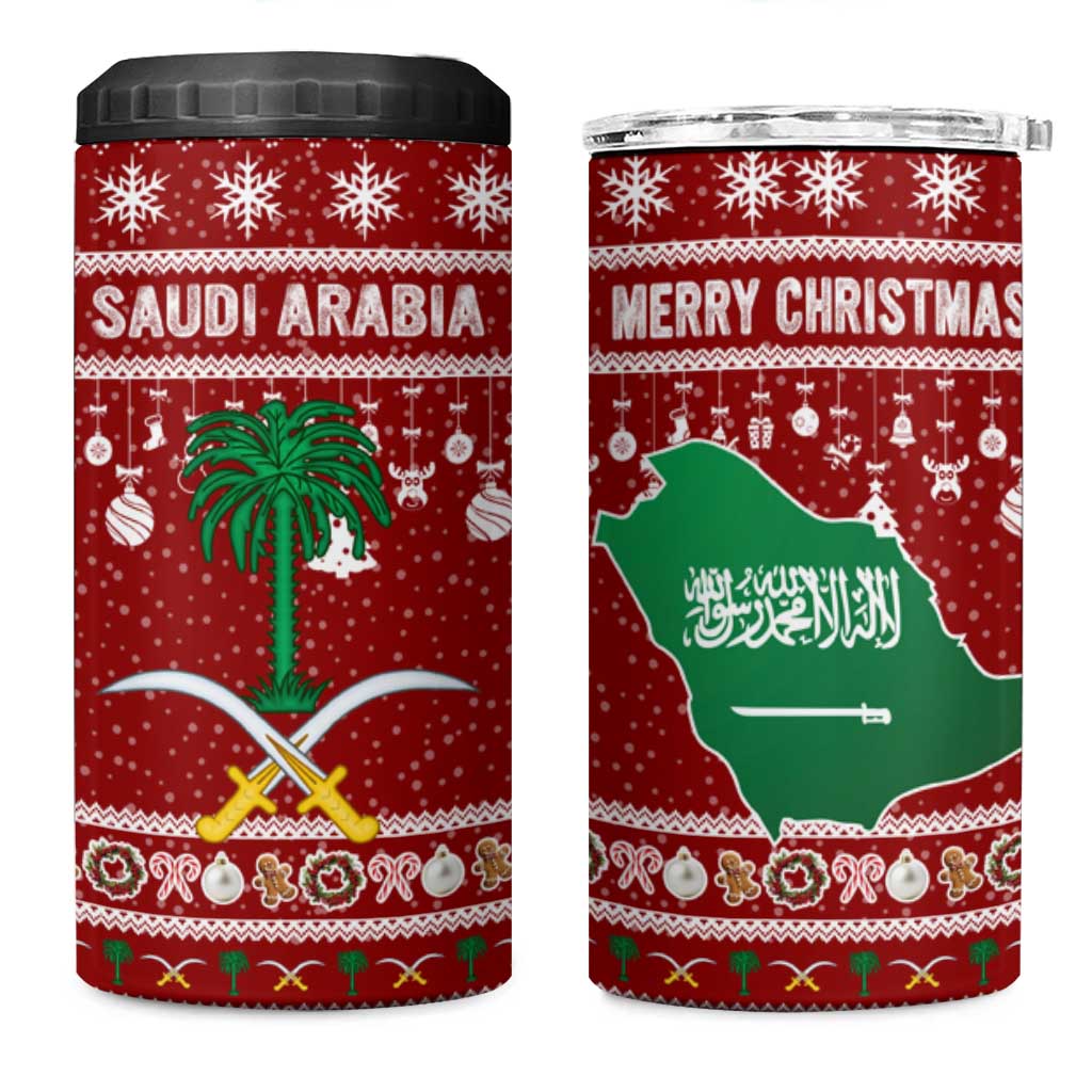 Saudi Arabia Christmas 4 in 1 Can Cooler Tumbler with Red Festive Pattern, National Emblem with Palm and Swords, and Map Motif - Wonder Print Shop