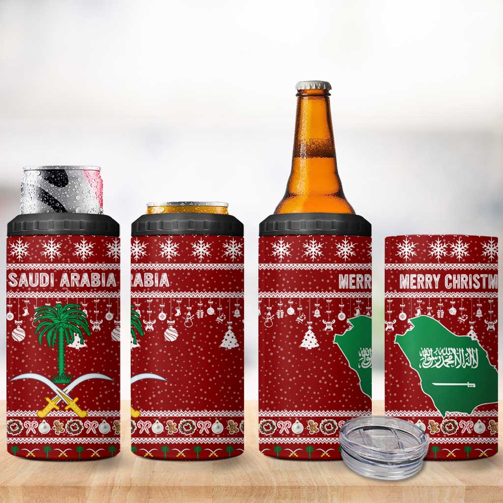 Saudi Arabia Christmas 4 in 1 Can Cooler Tumbler with Red Festive Pattern, National Emblem with Palm and Swords, and Map Motif - Wonder Print Shop