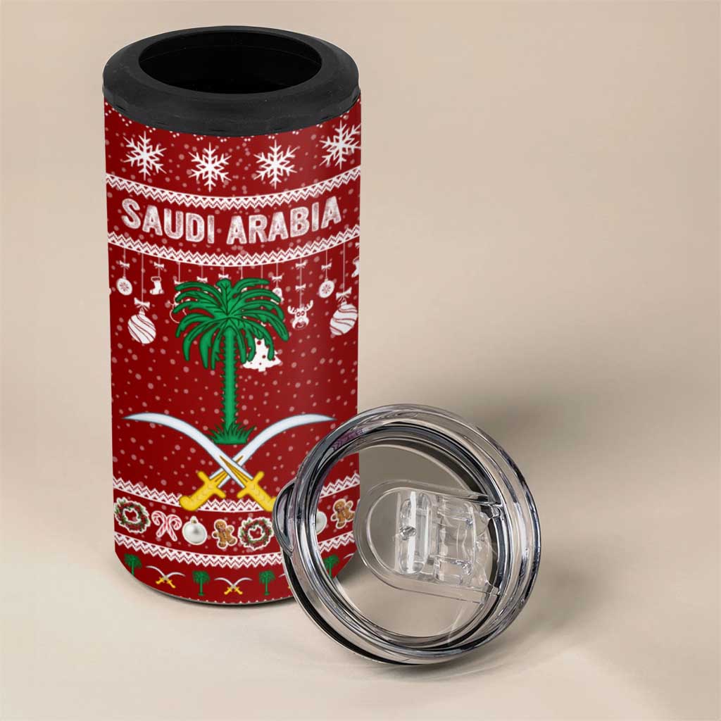 Saudi Arabia Christmas 4 in 1 Can Cooler Tumbler with Red Festive Pattern, National Emblem with Palm and Swords, and Map Motif - Wonder Print Shop