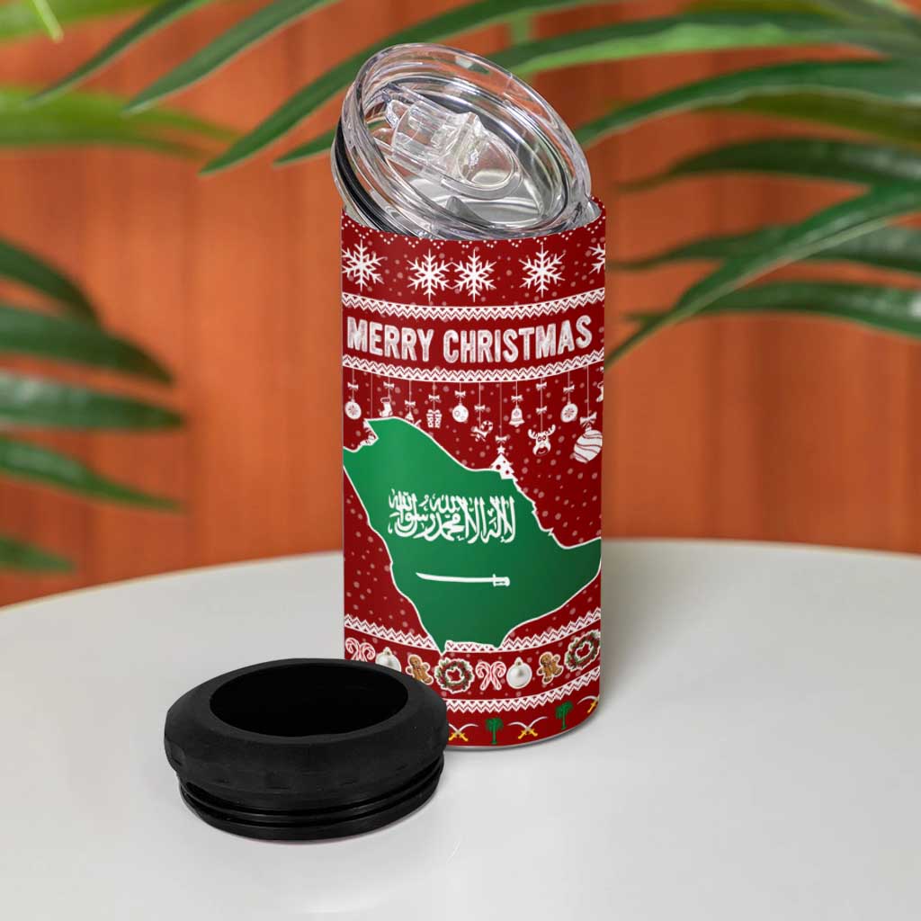 Saudi Arabia Christmas 4 in 1 Can Cooler Tumbler with Red Festive Pattern, National Emblem with Palm and Swords, and Map Motif - Wonder Print Shop