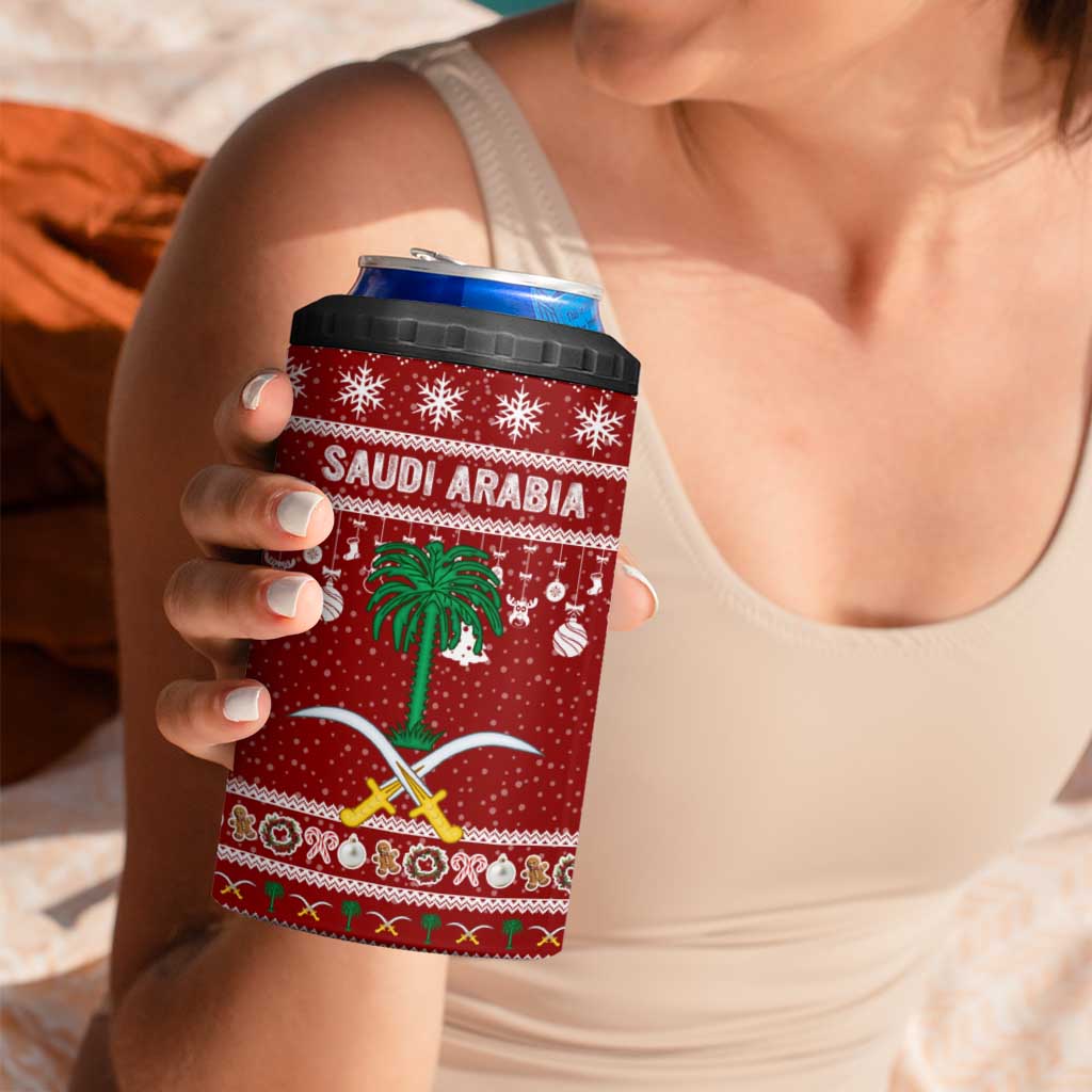 Saudi Arabia Christmas 4 in 1 Can Cooler Tumbler with Red Festive Pattern, National Emblem with Palm and Swords, and Map Motif - Wonder Print Shop