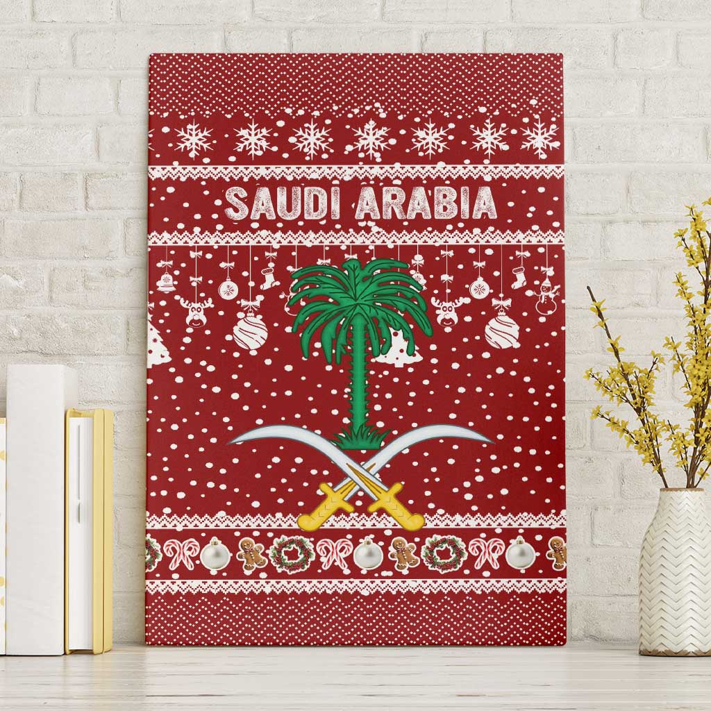 Saudi Arabia Christmas Canvas Wall Art with Red Festive Pattern, National Emblem with Palm and Swords, and Map Motif - Wonder Print Shop