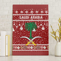 Saudi Arabia Christmas Canvas Wall Art with Red Festive Pattern, National Emblem with Palm and Swords, and Map Motif - Wonder Print Shop