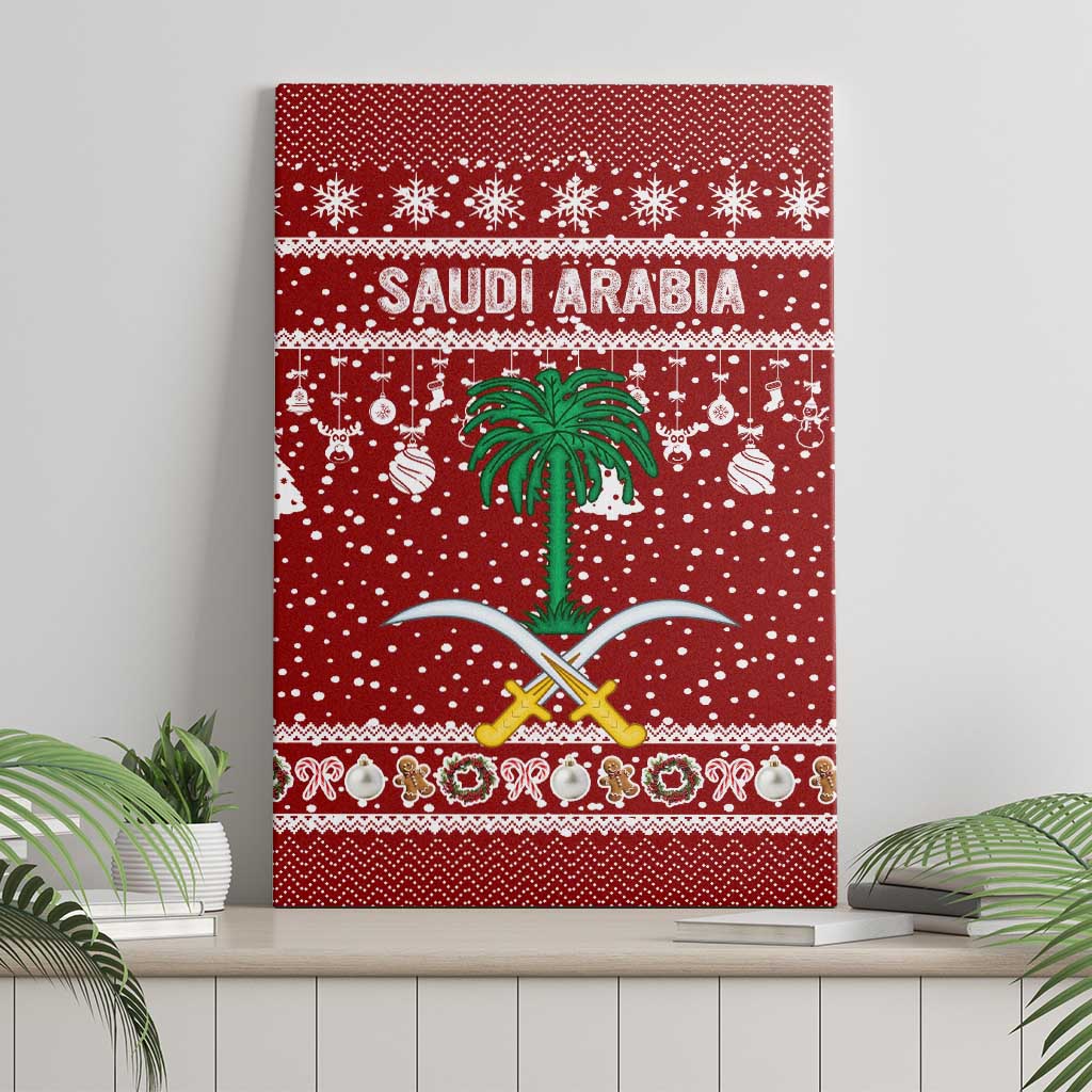 Saudi Arabia Christmas Canvas Wall Art with Red Festive Pattern, National Emblem with Palm and Swords, and Map Motif - Wonder Print Shop