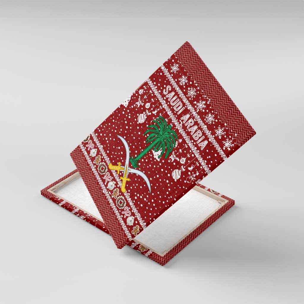 Saudi Arabia Christmas Canvas Wall Art with Red Festive Pattern, National Emblem with Palm and Swords, and Map Motif - Wonder Print Shop