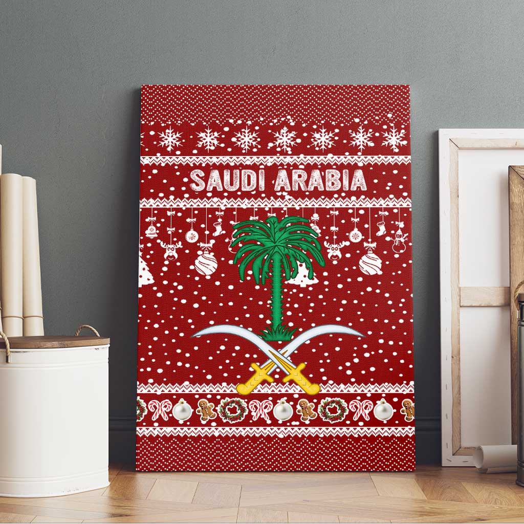 Saudi Arabia Christmas Canvas Wall Art with Red Festive Pattern, National Emblem with Palm and Swords, and Map Motif - Wonder Print Shop
