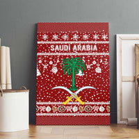 Saudi Arabia Christmas Canvas Wall Art with Red Festive Pattern, National Emblem with Palm and Swords, and Map Motif - Wonder Print Shop