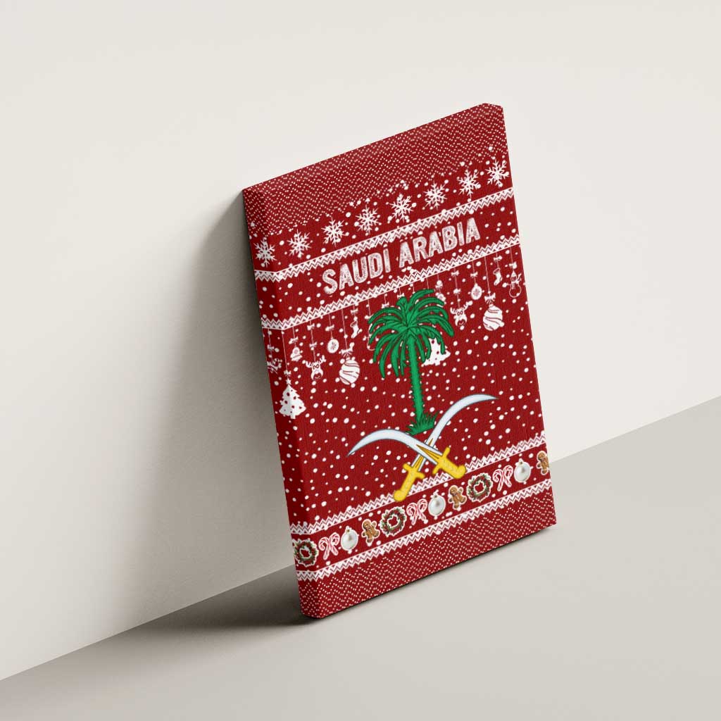 Saudi Arabia Christmas Canvas Wall Art with Red Festive Pattern, National Emblem with Palm and Swords, and Map Motif - Wonder Print Shop