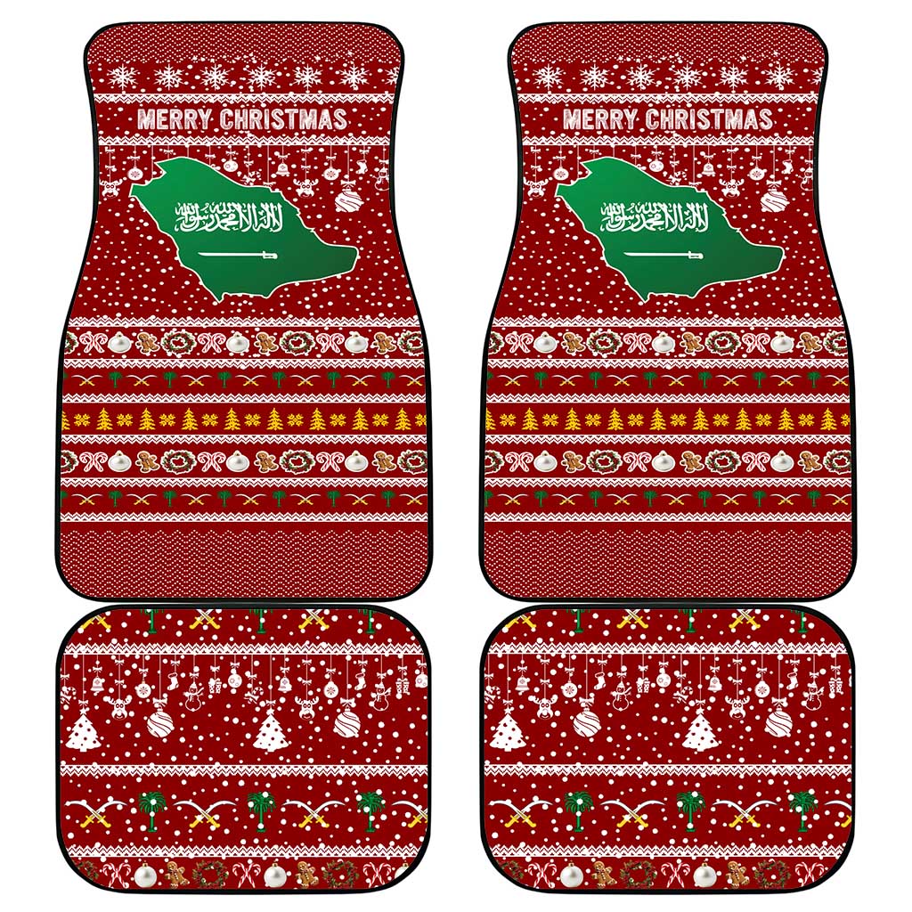 Saudi Arabia Christmas Car Mats with Red Festive Pattern, National Emblem with Palm and Swords, and Map Motif - Wonder Print Shop