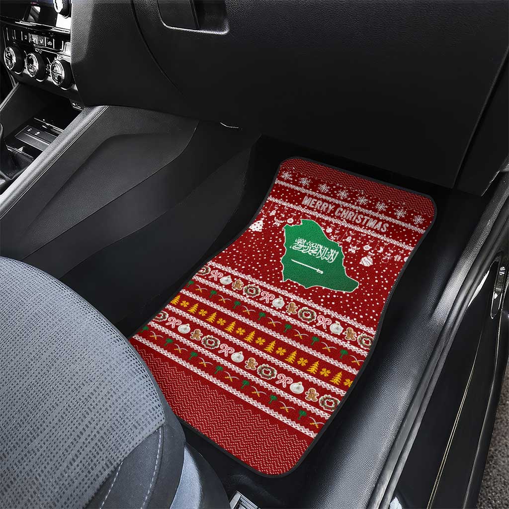 Saudi Arabia Christmas Car Mats with Red Festive Pattern, National Emblem with Palm and Swords, and Map Motif - Wonder Print Shop