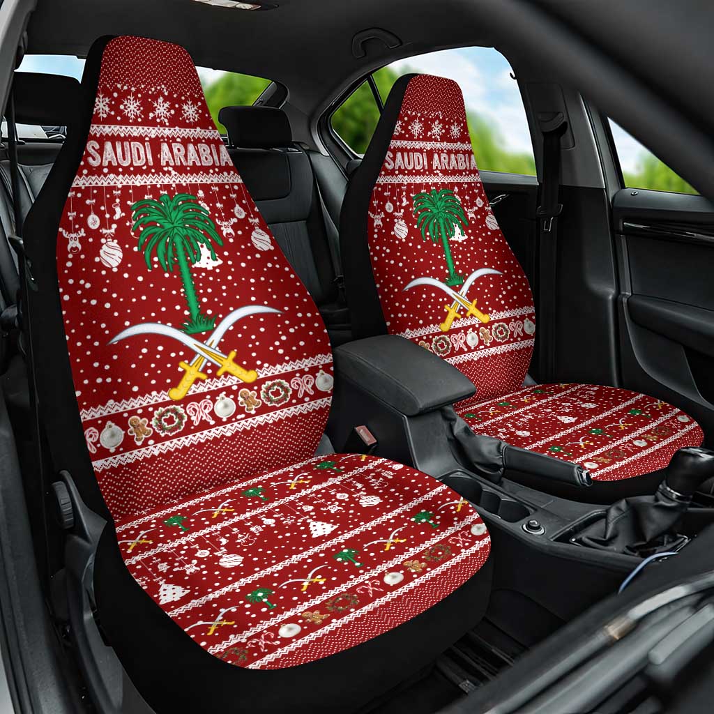Saudi Arabia Christmas Car Seat Cover with Red Festive Pattern, National Emblem with Palm and Swords, and Map Motif - Wonder Print Shop