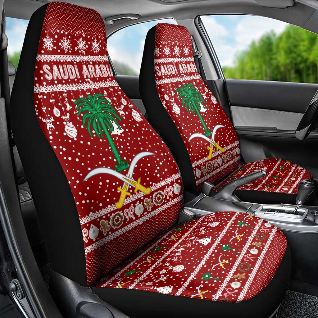 Saudi Arabia Christmas Car Seat Cover with Red Festive Pattern, National Emblem with Palm and Swords, and Map Motif - Wonder Print Shop