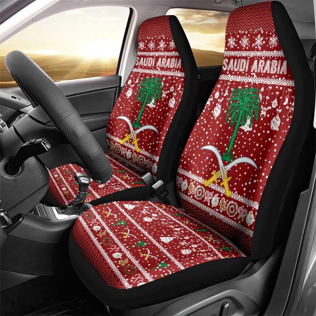 Saudi Arabia Christmas Car Seat Cover with Red Festive Pattern, National Emblem with Palm and Swords, and Map Motif - Wonder Print Shop