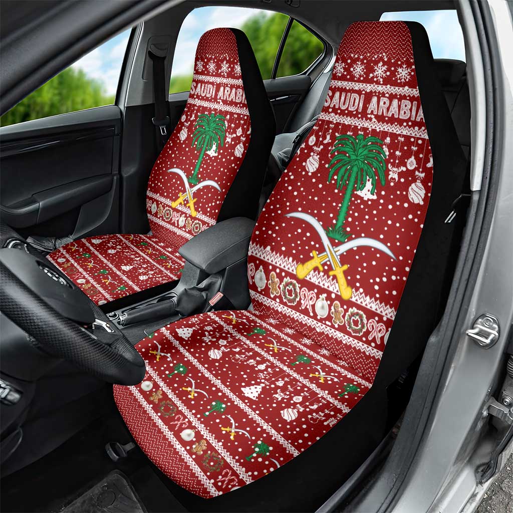 Saudi Arabia Christmas Car Seat Cover with Red Festive Pattern, National Emblem with Palm and Swords, and Map Motif - Wonder Print Shop