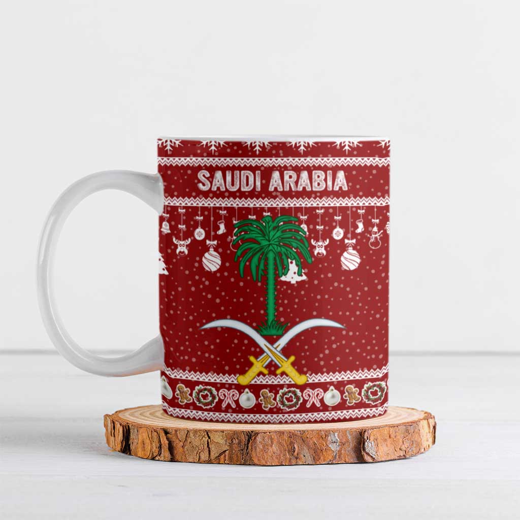 Saudi Arabia Christmas Ceramic Mug with Red Festive Pattern, National Emblem with Palm and Swords, and Map Motif - Wonder Print Shop