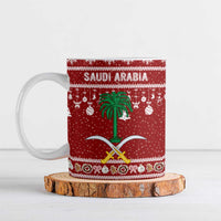 Saudi Arabia Christmas Ceramic Mug with Red Festive Pattern, National Emblem with Palm and Swords, and Map Motif - Wonder Print Shop