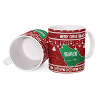 Saudi Arabia Christmas Ceramic Mug with Red Festive Pattern, National Emblem with Palm and Swords, and Map Motif - Wonder Print Shop