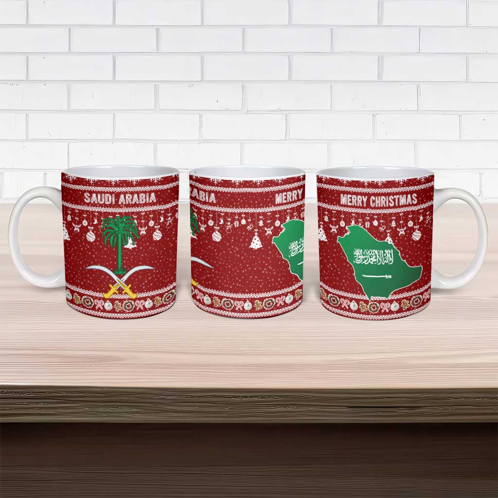 Saudi Arabia Christmas Ceramic Mug with Red Festive Pattern, National Emblem with Palm and Swords, and Map Motif - Wonder Print Shop