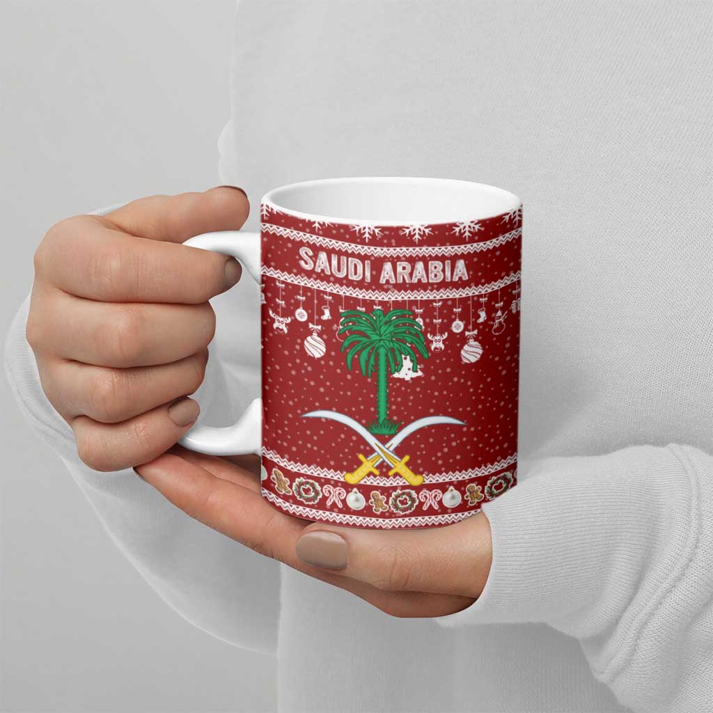 Saudi Arabia Christmas Ceramic Mug with Red Festive Pattern, National Emblem with Palm and Swords, and Map Motif - Wonder Print Shop