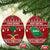Saudi Arabia Christmas Ceramic Ornament with Red Festive Pattern, National Emblem with Palm and Swords, and Map Motif - Wonder Print Shop
