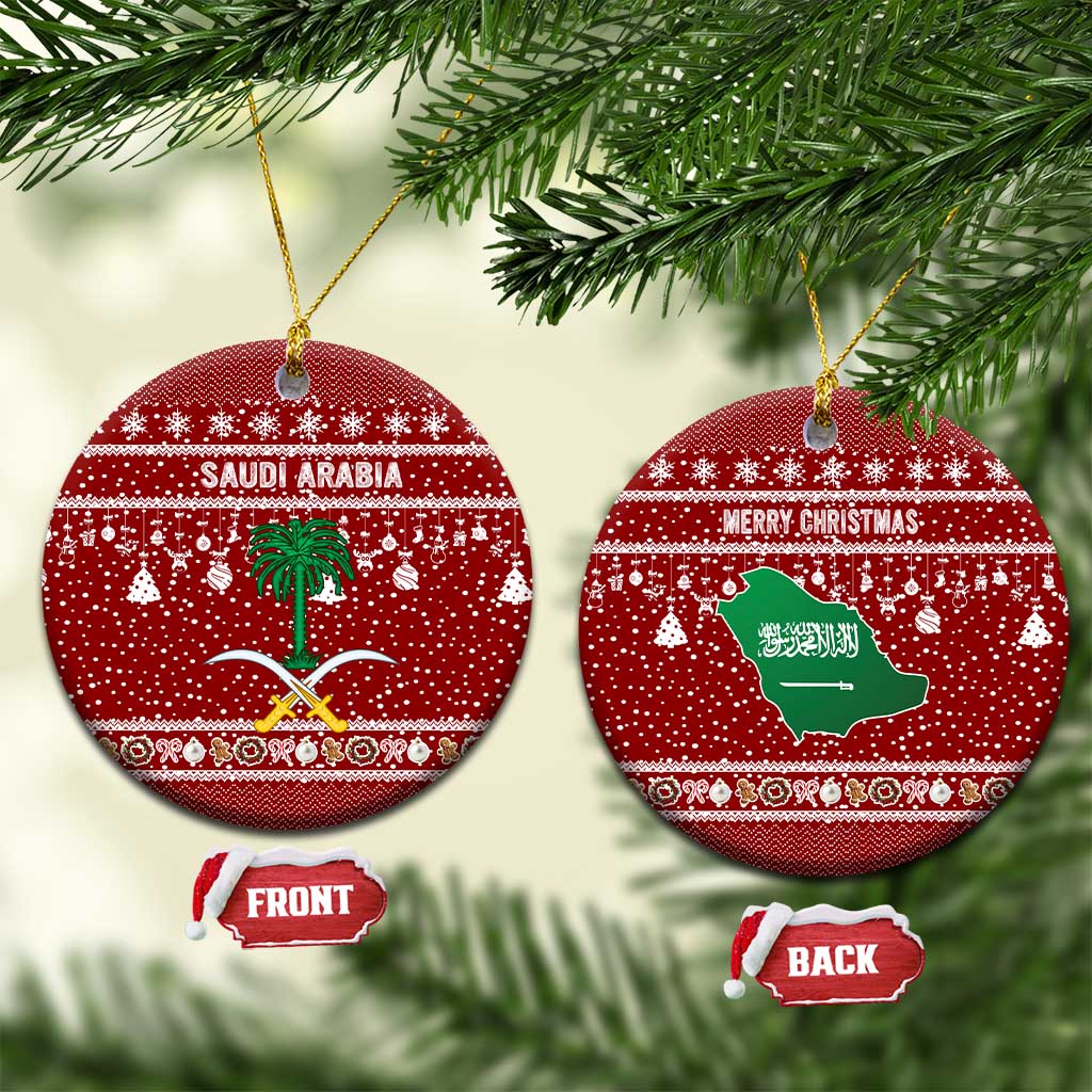 Saudi Arabia Christmas Ceramic Ornament with Red Festive Pattern, National Emblem with Palm and Swords, and Map Motif - Wonder Print Shop