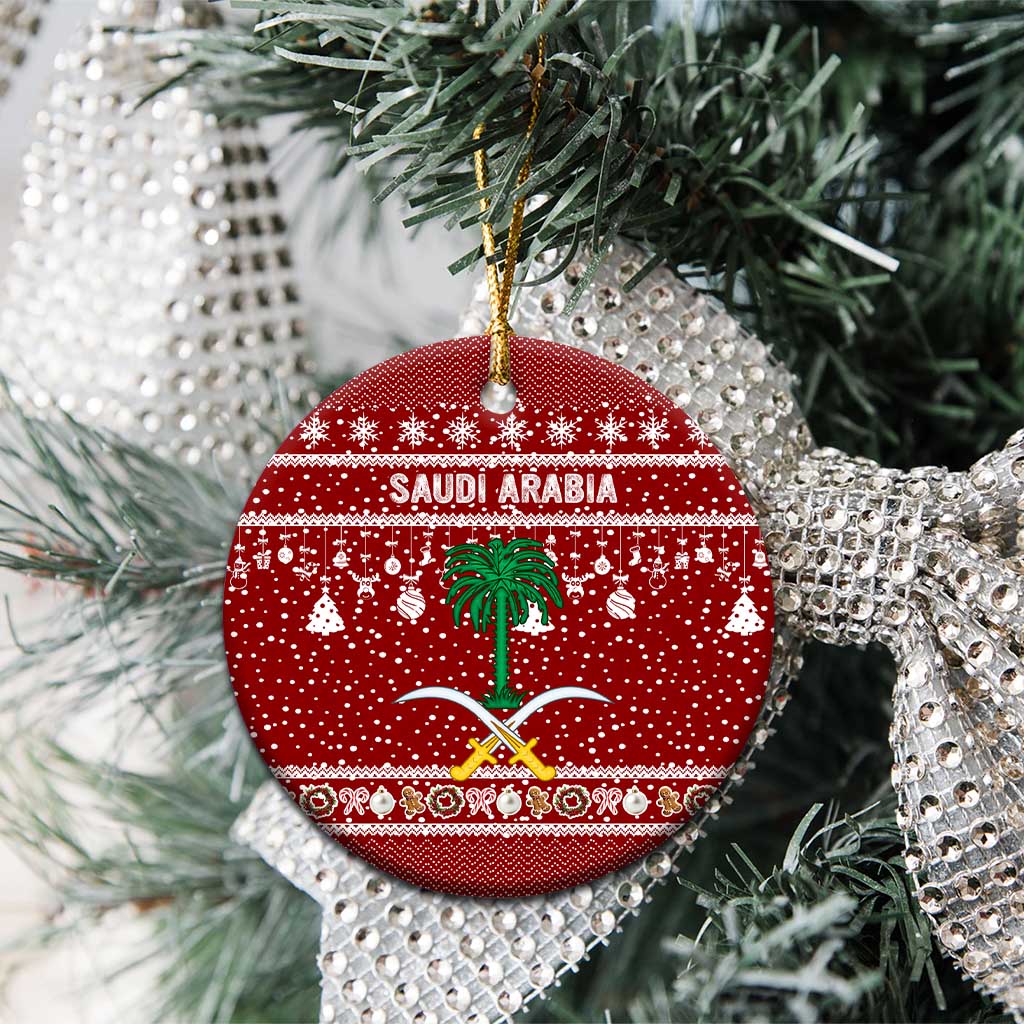 Saudi Arabia Christmas Ceramic Ornament with Red Festive Pattern, National Emblem with Palm and Swords, and Map Motif - Wonder Print Shop