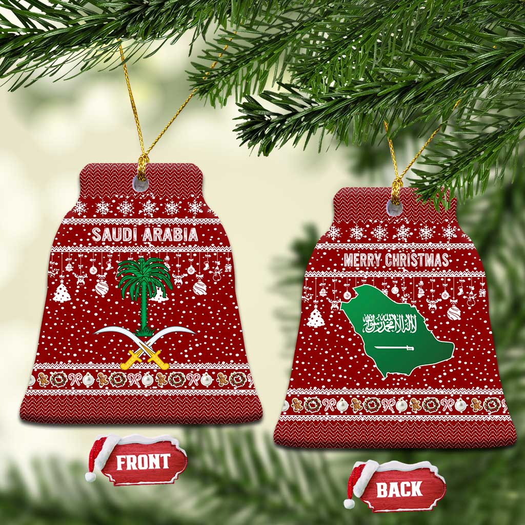 Saudi Arabia Christmas Ceramic Ornament with Red Festive Pattern, National Emblem with Palm and Swords, and Map Motif - Wonder Print Shop