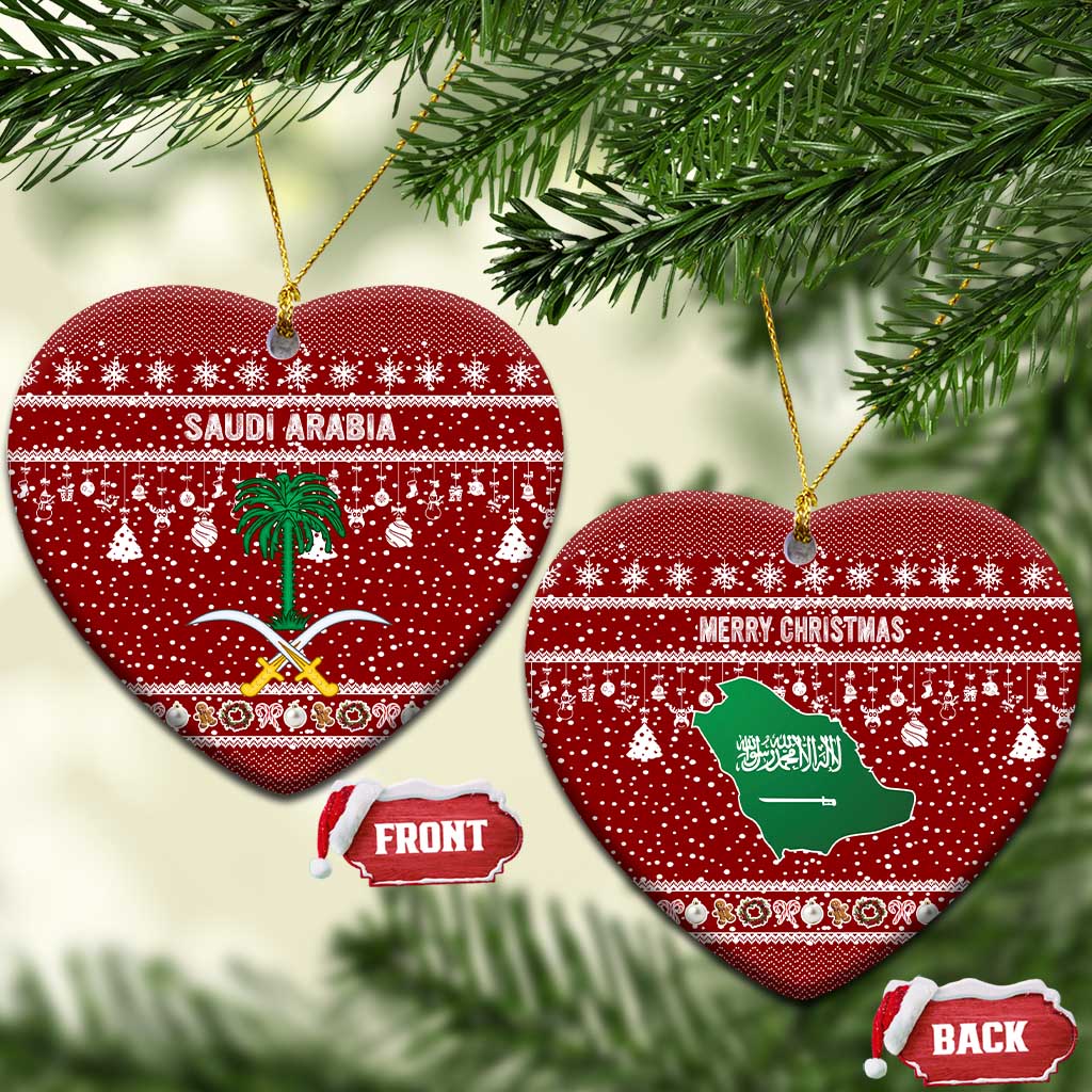 Saudi Arabia Christmas Ceramic Ornament with Red Festive Pattern, National Emblem with Palm and Swords, and Map Motif - Wonder Print Shop
