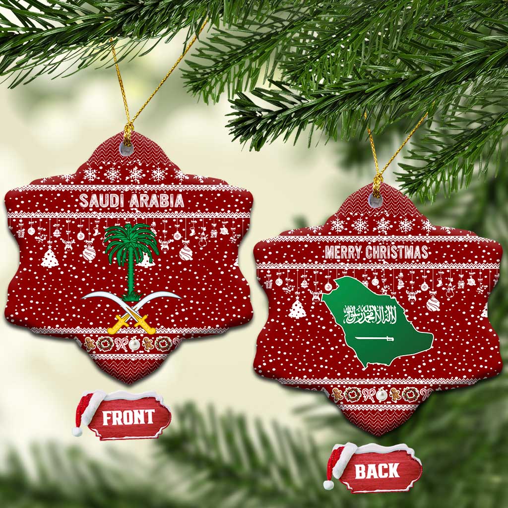 Saudi Arabia Christmas Ceramic Ornament with Red Festive Pattern, National Emblem with Palm and Swords, and Map Motif - Wonder Print Shop