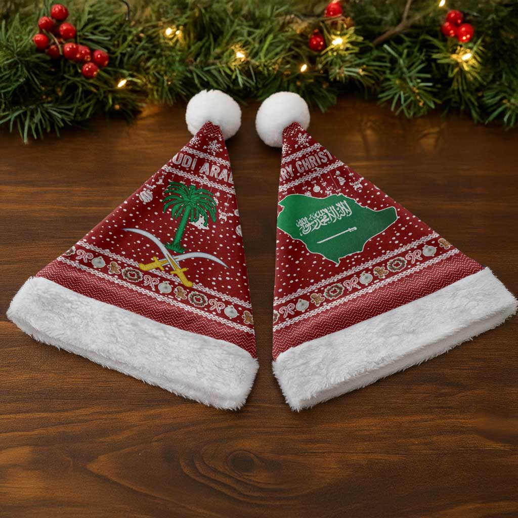 Saudi Arabia Christmas Santa Hat with Red Festive Pattern, National Emblem with Palm and Swords, and Map Motif - Wonder Print Shop