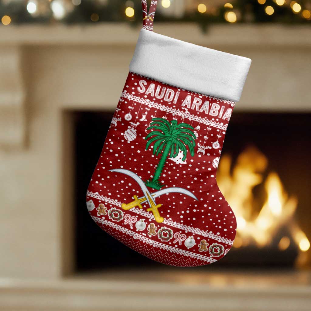 Saudi Arabia Christmas Stocking with Red Festive Pattern, National Emblem with Palm and Swords, and Map Motif - Wonder Print Shop