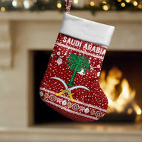 Saudi Arabia Christmas Stocking with Red Festive Pattern, National Emblem with Palm and Swords, and Map Motif - Wonder Print Shop