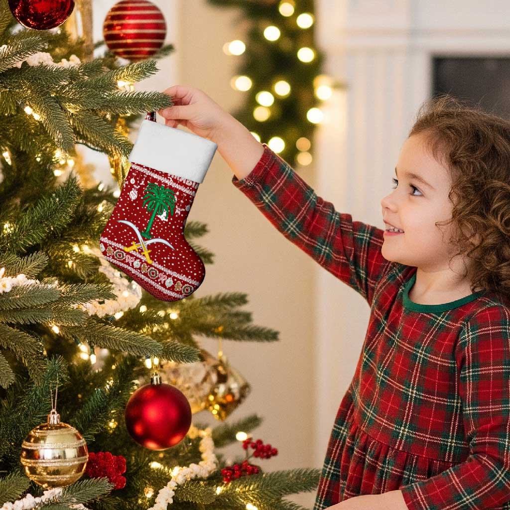 Saudi Arabia Christmas Stocking with Red Festive Pattern, National Emblem with Palm and Swords, and Map Motif - Wonder Print Shop