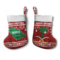 Saudi Arabia Christmas Stocking with Red Festive Pattern, National Emblem with Palm and Swords, and Map Motif - Wonder Print Shop