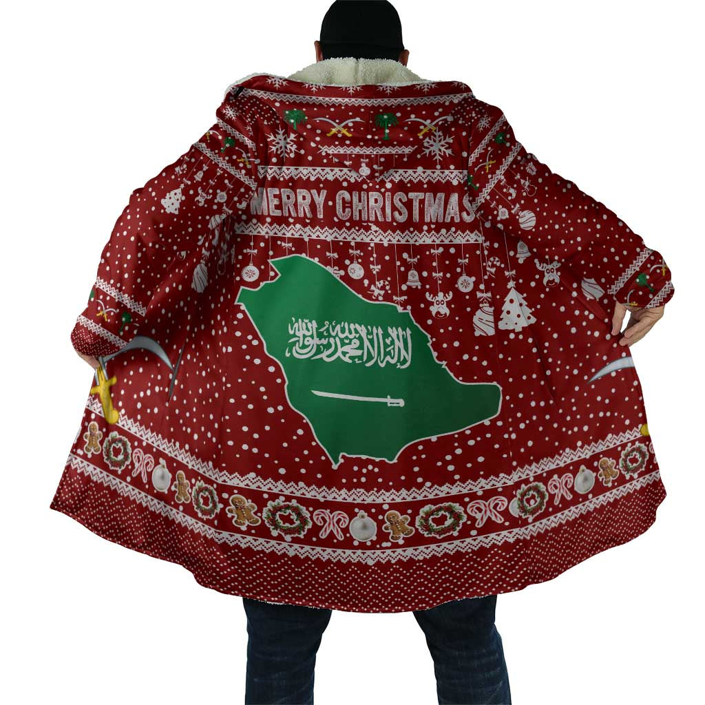 Saudi Arabia Christmas Cloak with Red Festive Pattern, National Emblem with Palm and Swords, and Map Motif - Wonder Print Shop