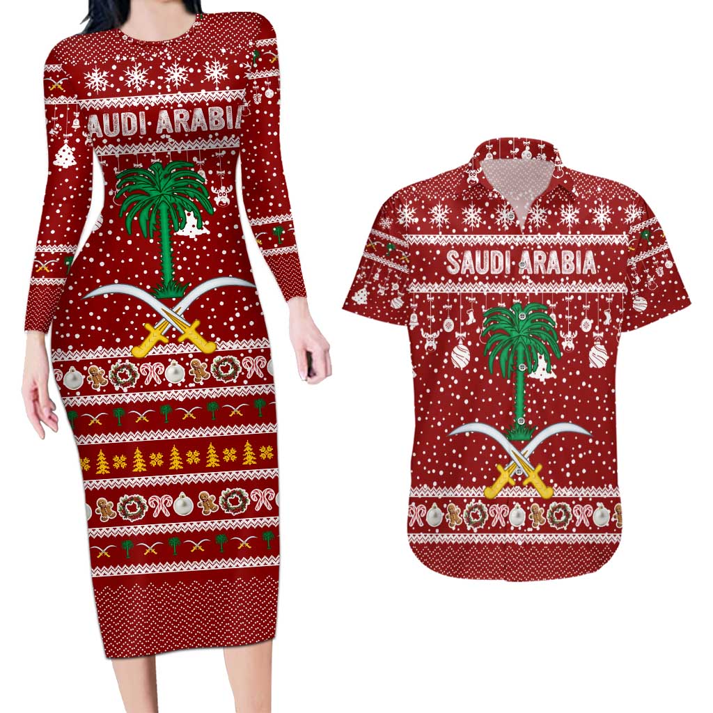Saudi Arabia Christmas Couples Matching Long Sleeve Bodycon Dress and Hawaiian Shirt with Red Festive Pattern, National Emblem with Palm and Swords, and Map Motif - Wonder Print Shop