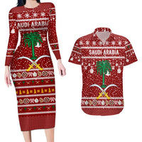 Saudi Arabia Christmas Couples Matching Long Sleeve Bodycon Dress and Hawaiian Shirt with Red Festive Pattern, National Emblem with Palm and Swords, and Map Motif - Wonder Print Shop