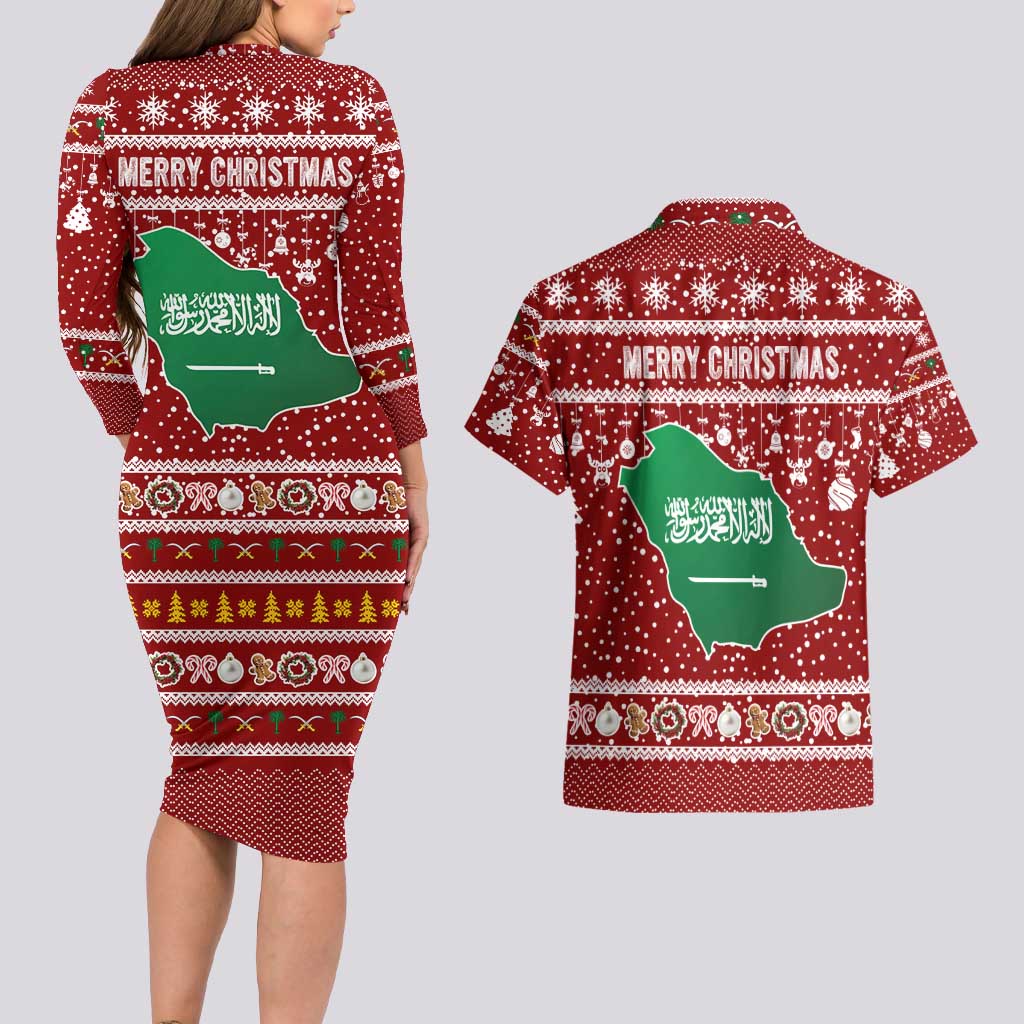 Saudi Arabia Christmas Couples Matching Long Sleeve Bodycon Dress and Hawaiian Shirt with Red Festive Pattern, National Emblem with Palm and Swords, and Map Motif - Wonder Print Shop