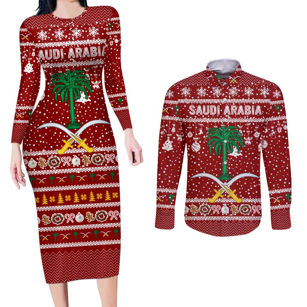 Saudi Arabia Christmas Couples Matching Long Sleeve Bodycon Dress and Long Sleeve Button Shirt with Red Festive Pattern, National Emblem with Palm and Swords, and Map Motif - Wonder Print Shop