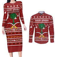 Saudi Arabia Christmas Couples Matching Long Sleeve Bodycon Dress and Long Sleeve Button Shirt with Red Festive Pattern, National Emblem with Palm and Swords, and Map Motif - Wonder Print Shop