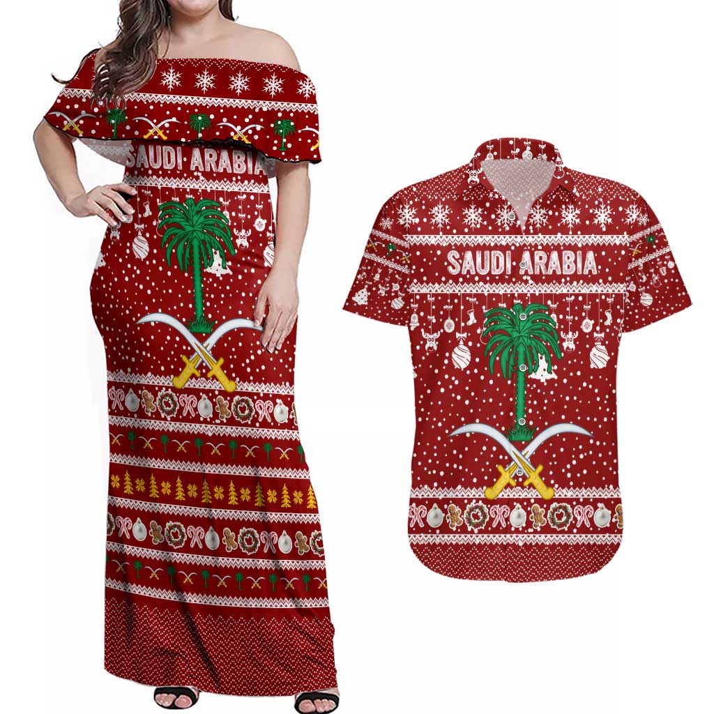 Saudi Arabia Christmas Couples Matching Off Shoulder Maxi Dress and Hawaiian Shirt with Red Festive Pattern, National Emblem with Palm and Swords, and Map Motif - Wonder Print Shop