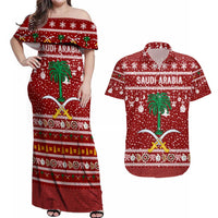 Saudi Arabia Christmas Couples Matching Off Shoulder Maxi Dress and Hawaiian Shirt with Red Festive Pattern, National Emblem with Palm and Swords, and Map Motif - Wonder Print Shop