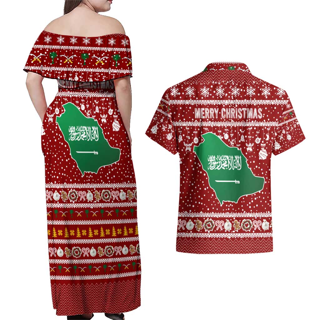 Saudi Arabia Christmas Couples Matching Off Shoulder Maxi Dress and Hawaiian Shirt with Red Festive Pattern, National Emblem with Palm and Swords, and Map Motif - Wonder Print Shop