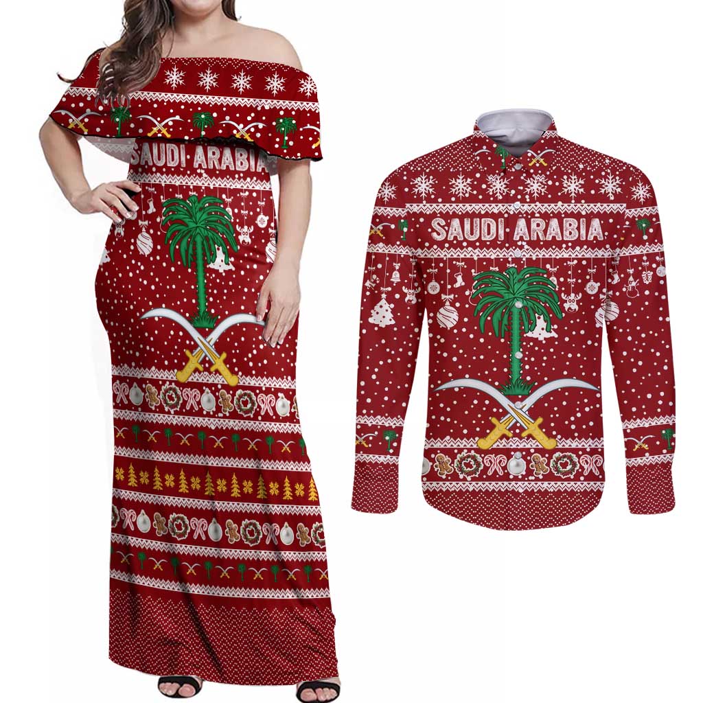 Saudi Arabia Christmas Couples Matching Off Shoulder Maxi Dress and Long Sleeve Button Shirt with Red Festive Pattern, National Emblem with Palm and Swords, and Map Motif - Wonder Print Shop